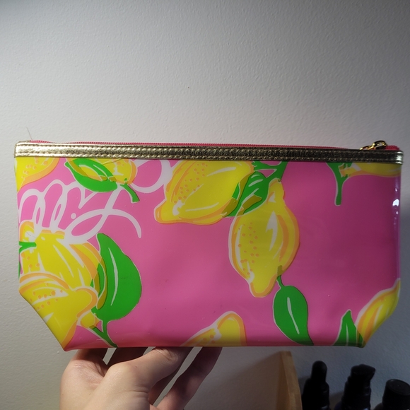 Lilly Pulitzer Pink Lemon Print Cosmetic Pouch with Gold Trim - Picture 5 of 8